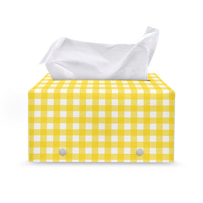Yellow And White Check Pattern Print Leather Tissue Box Cover