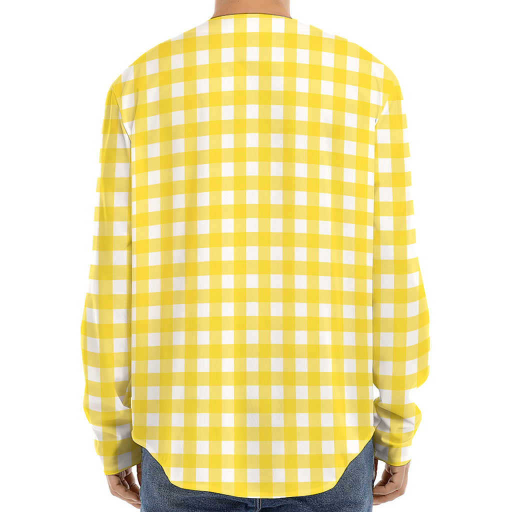 Yellow And White Check Pattern Print Long Sleeve Baseball Jersey