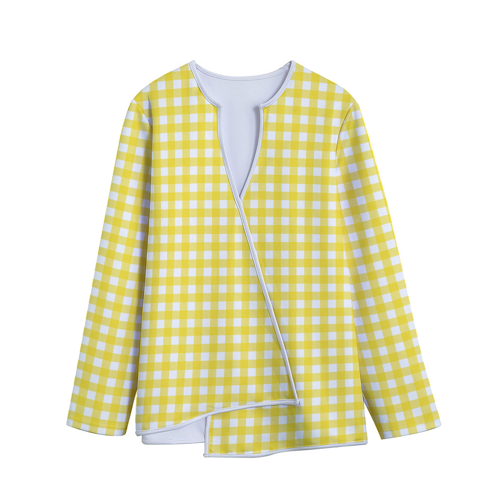 Yellow And White Check Pattern Print Long Sleeve Short Coat