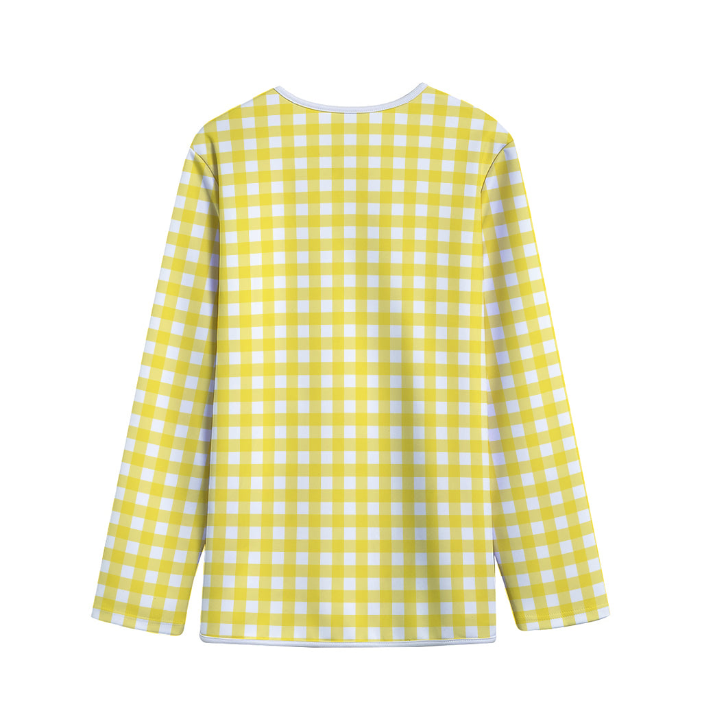 Yellow And White Check Pattern Print Long Sleeve Short Coat