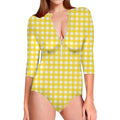 Yellow And White Check Pattern Print Long Sleeve Swimsuit