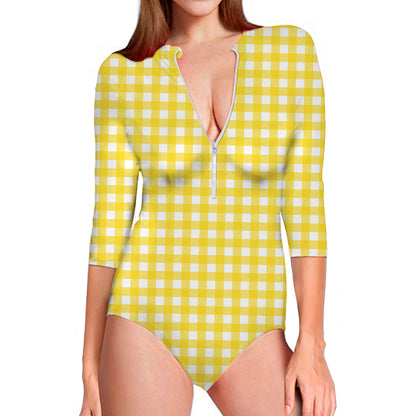 Yellow And White Check Pattern Print Long Sleeve Swimsuit
