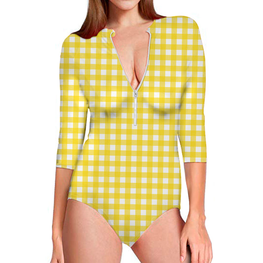 Yellow And White Check Pattern Print Long Sleeve Swimsuit