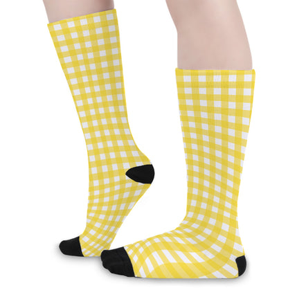 Yellow And White Check Pattern Print Long Socks