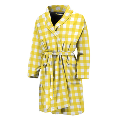Yellow And White Check Pattern Print Men's Bathrobe