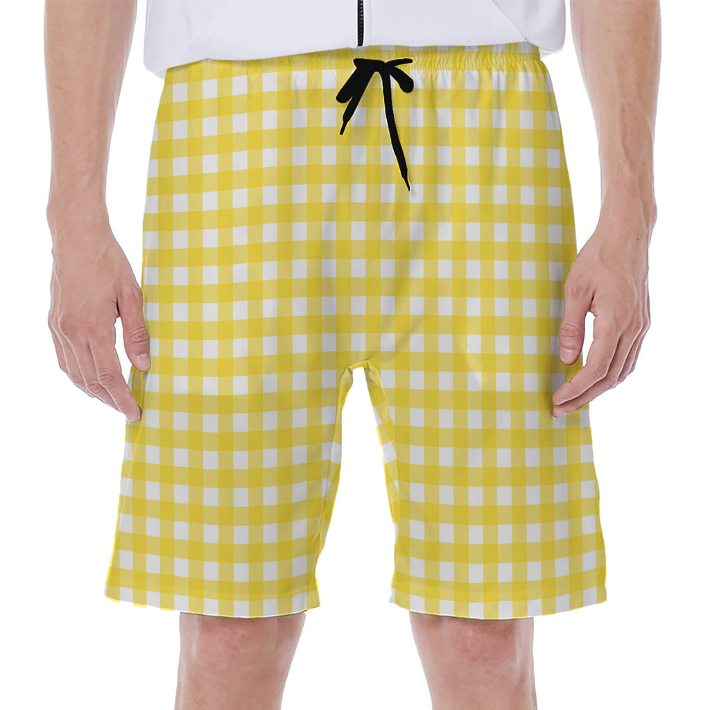 Yellow And White Check Pattern Print Men's Beach Shorts