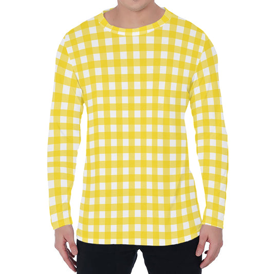 Yellow And White Check Pattern Print Men's Long Sleeve T-Shirt