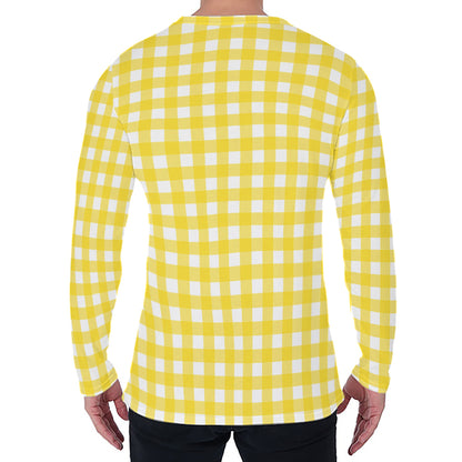 Yellow And White Check Pattern Print Men's Long Sleeve T-Shirt