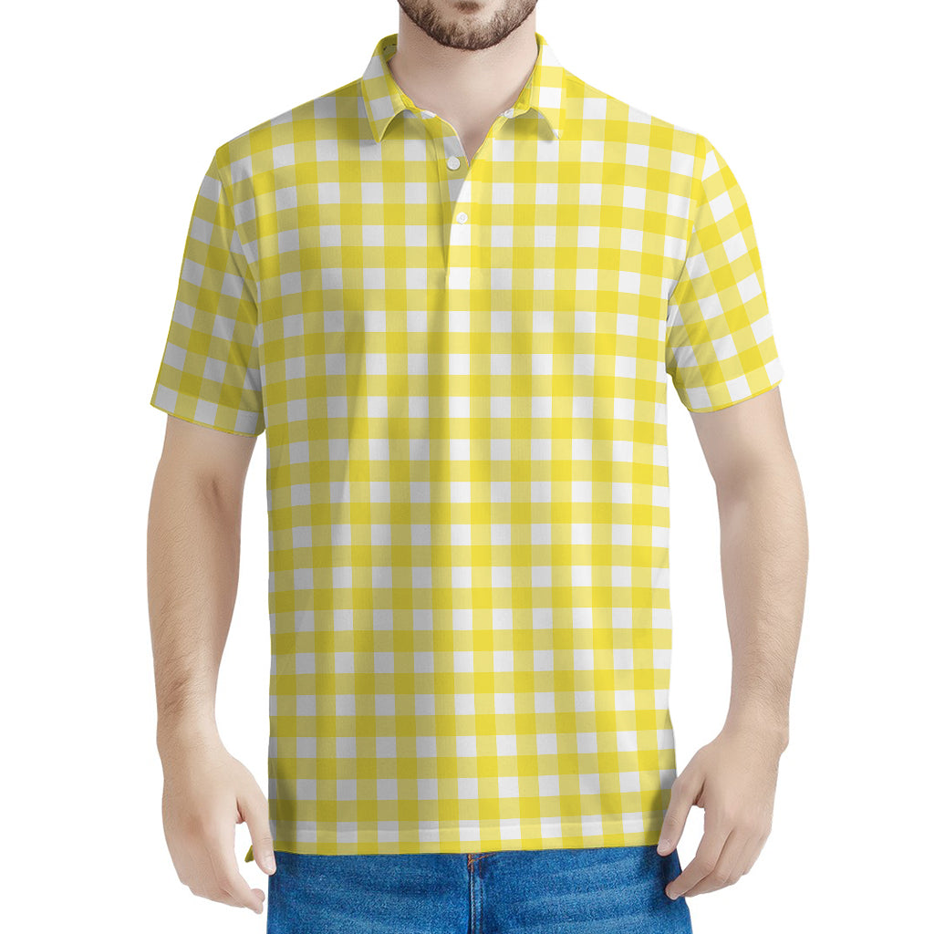 Yellow And White Check Pattern Print Men's Polo Shirt