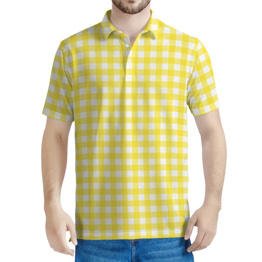 Yellow And White Check Pattern Print Men's Polo Shirt