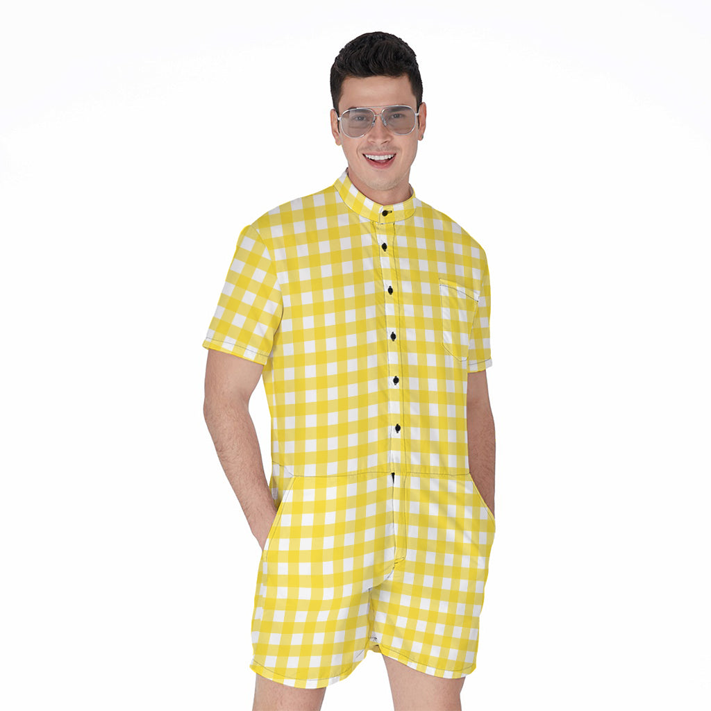 Yellow And White Check Pattern Print Men's Rompers