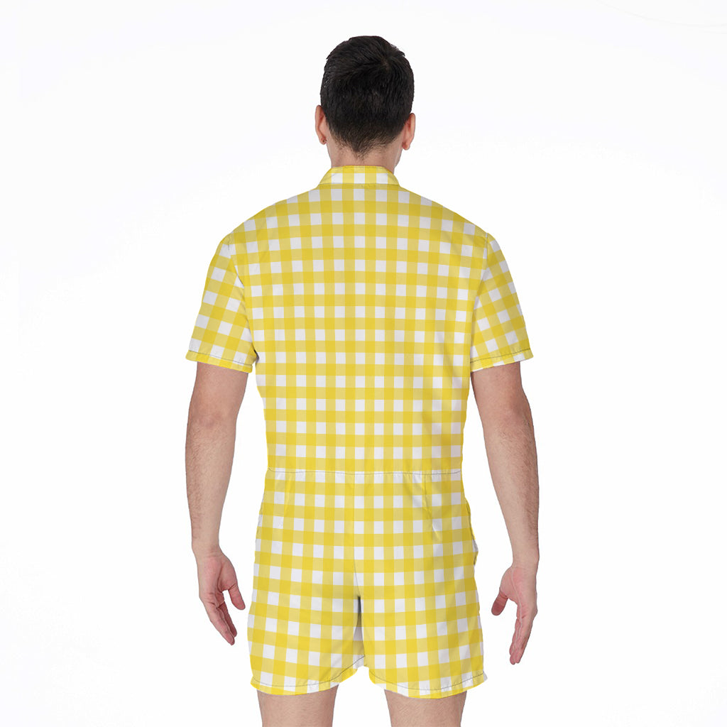 Yellow And White Check Pattern Print Men's Rompers