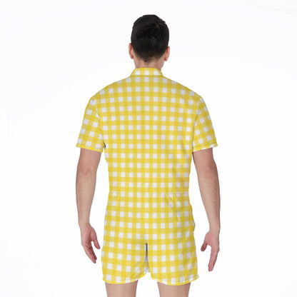 Yellow And White Check Pattern Print Men's Rompers
