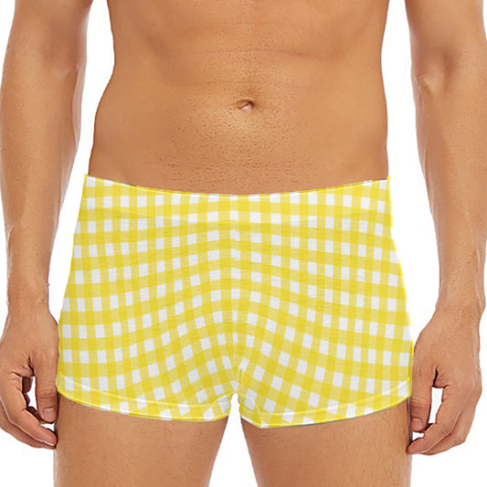 Yellow And White Check Pattern Print Men's Short Boxer Briefs