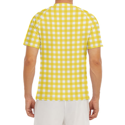 Yellow And White Check Pattern Print Men's Short Sleeve Rash Guard