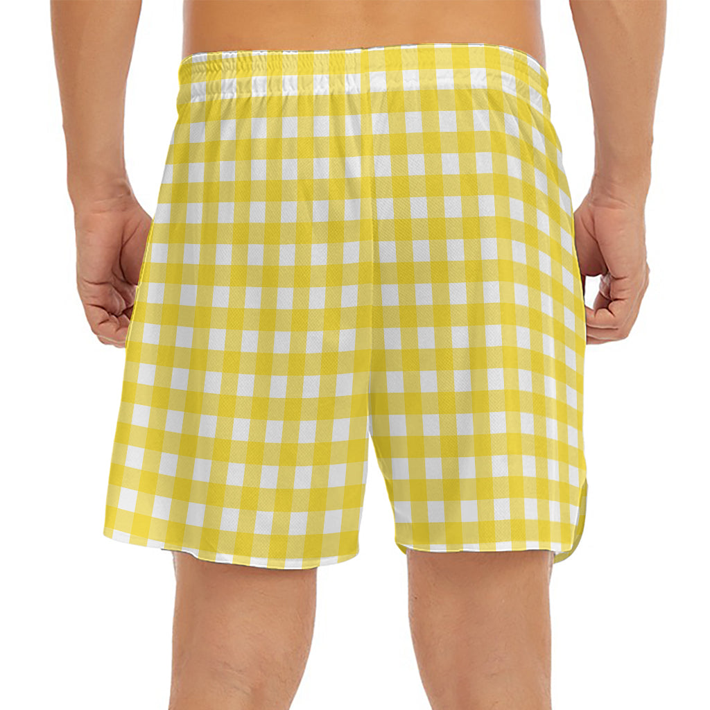 Yellow And White Check Pattern Print Men's Split Running Shorts