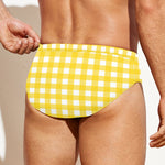 Yellow And White Check Pattern Print Men's Swim Briefs