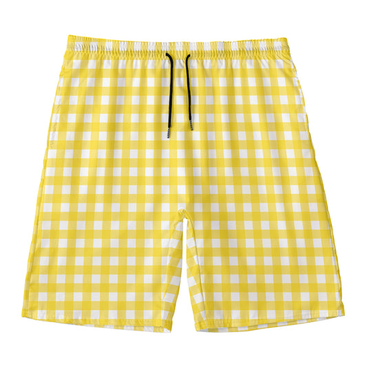Yellow And White Check Pattern Print Men's Swim Trunks