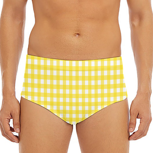 Yellow And White Check Pattern Print Men's Triangle Swim Briefs