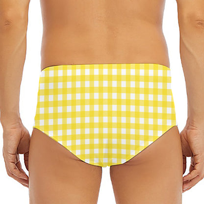 Yellow And White Check Pattern Print Men's Triangle Swim Briefs