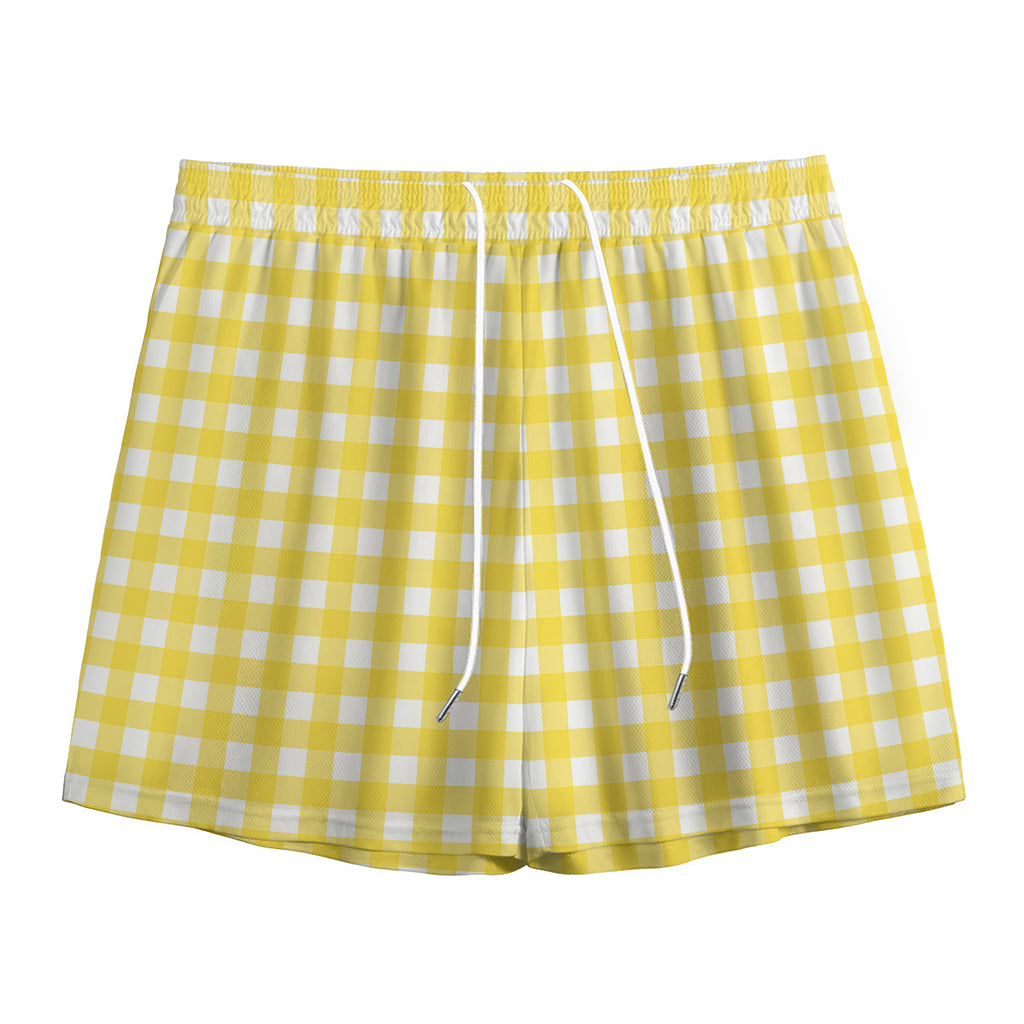 Yellow And White Check Pattern Print Mesh Shorts