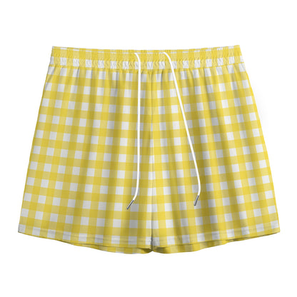 Yellow And White Check Pattern Print Mesh Shorts