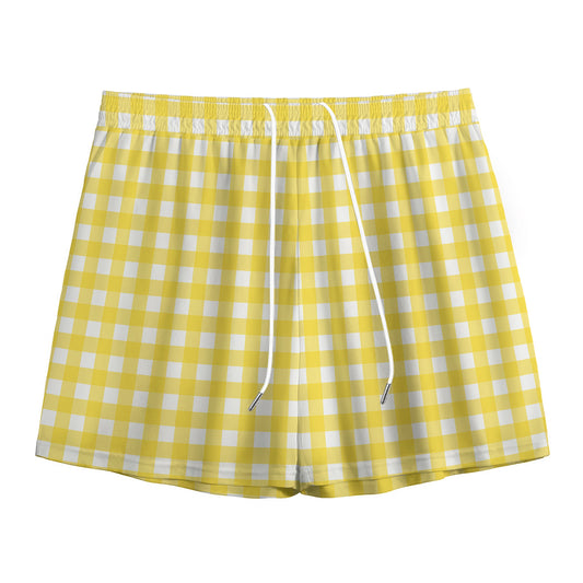Yellow And White Check Pattern Print Mesh Shorts