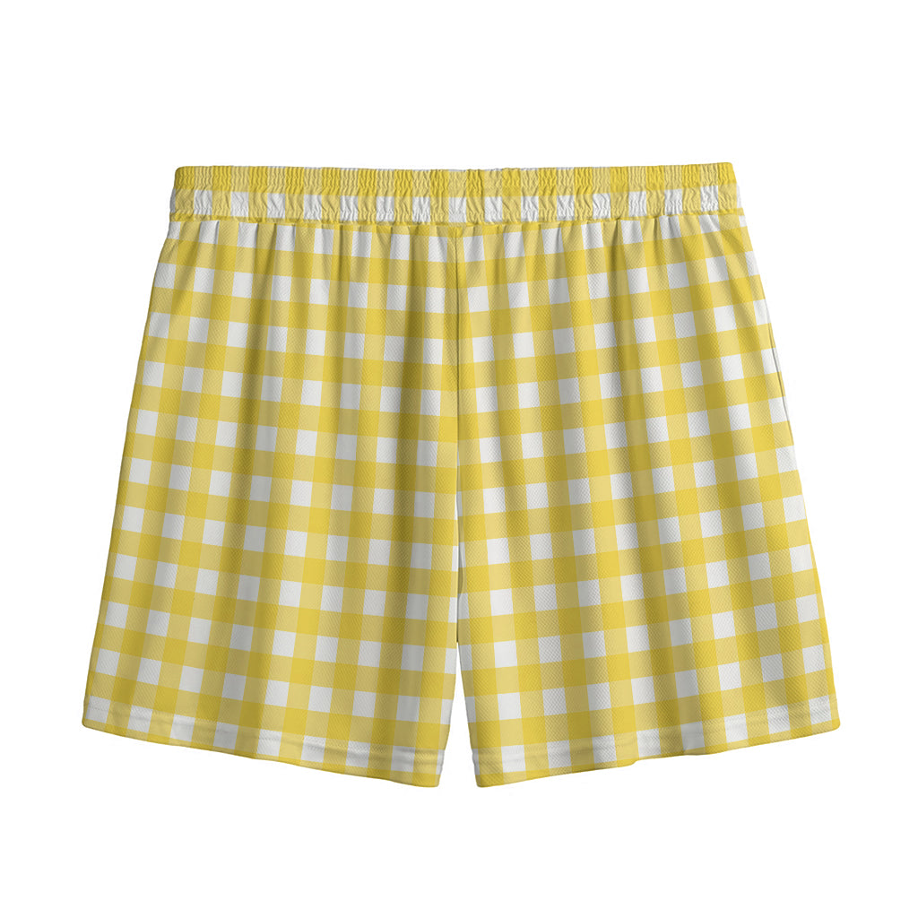 Yellow And White Check Pattern Print Mesh Shorts