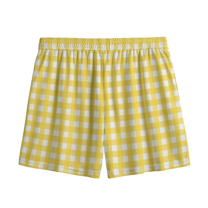 Yellow And White Check Pattern Print Mesh Shorts