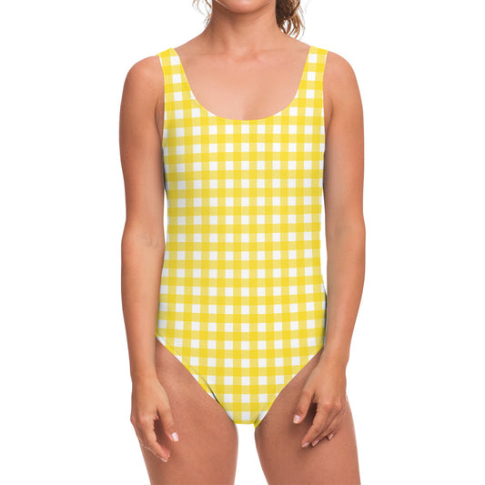 Yellow And White Check Pattern Print One Piece Swimsuit