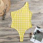 Yellow And White Check Pattern Print One Shoulder Bodysuit