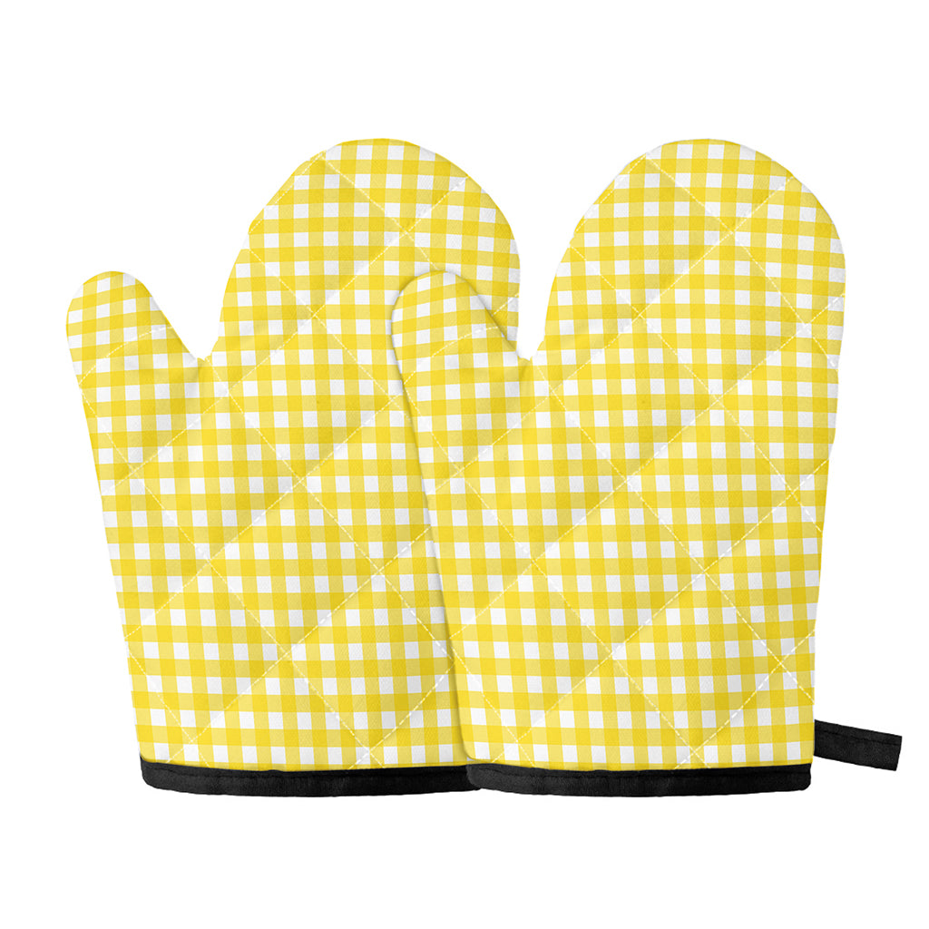 Yellow And White Check Pattern Print Oven Mitts