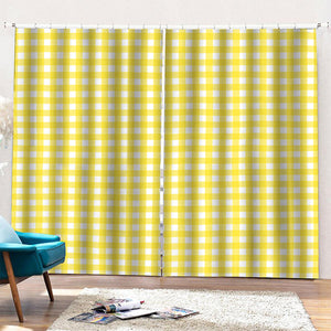 Yellow And White Check Pattern Print Pencil Pleat Curtains