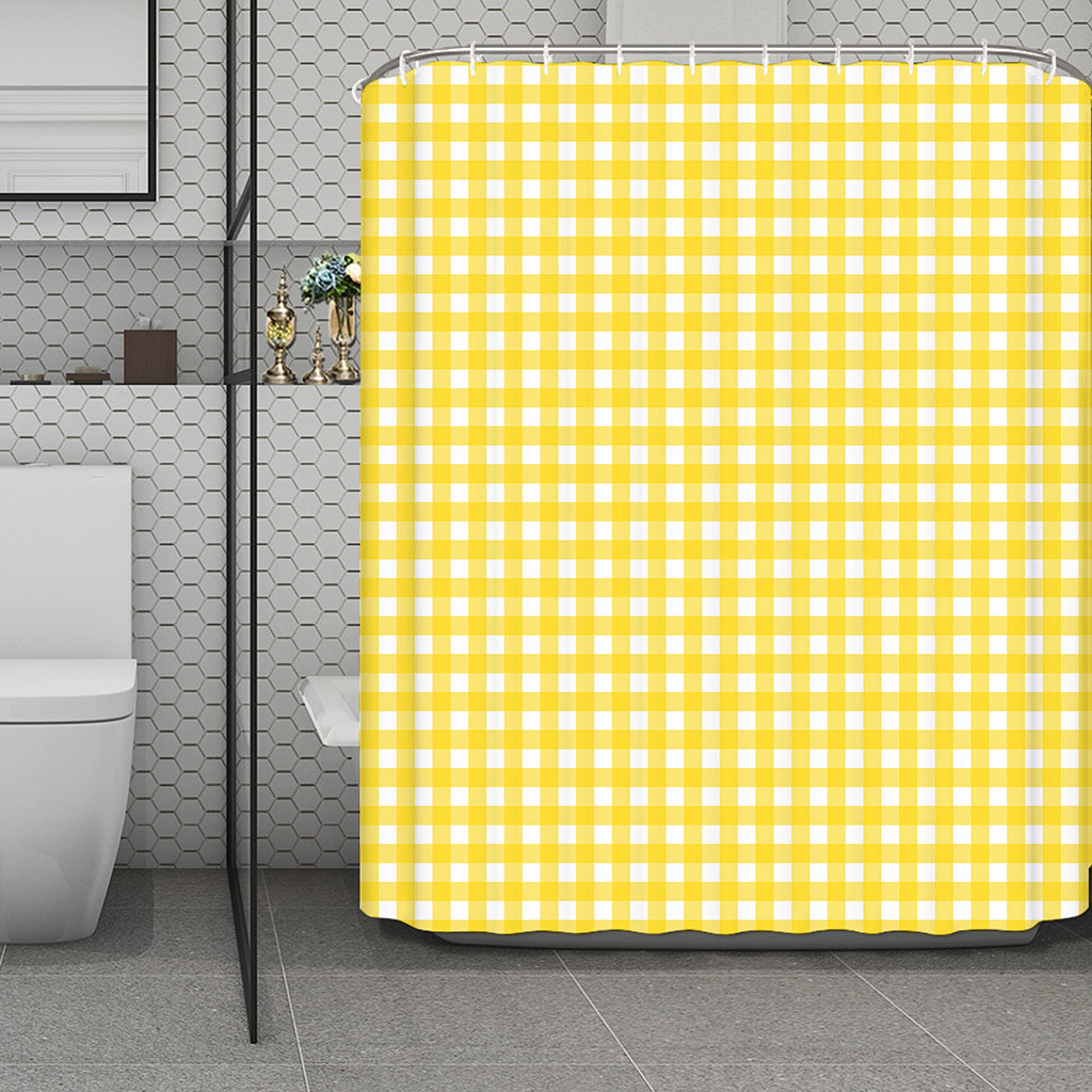 Yellow And White Check Pattern Print Polyester Shower Curtain
