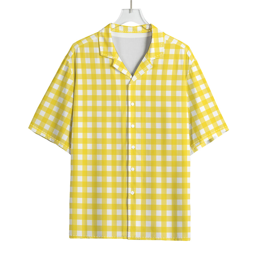 Yellow And White Check Pattern Print Rayon Hawaiian Shirt