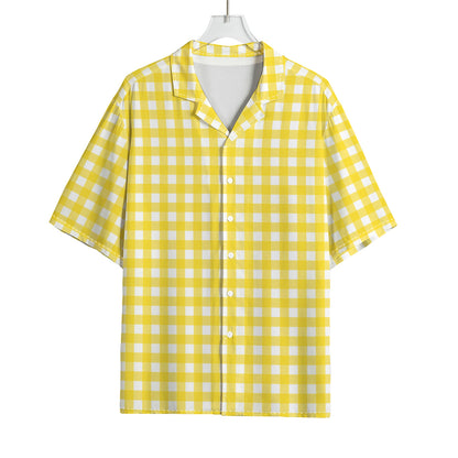 Yellow And White Check Pattern Print Rayon Hawaiian Shirt