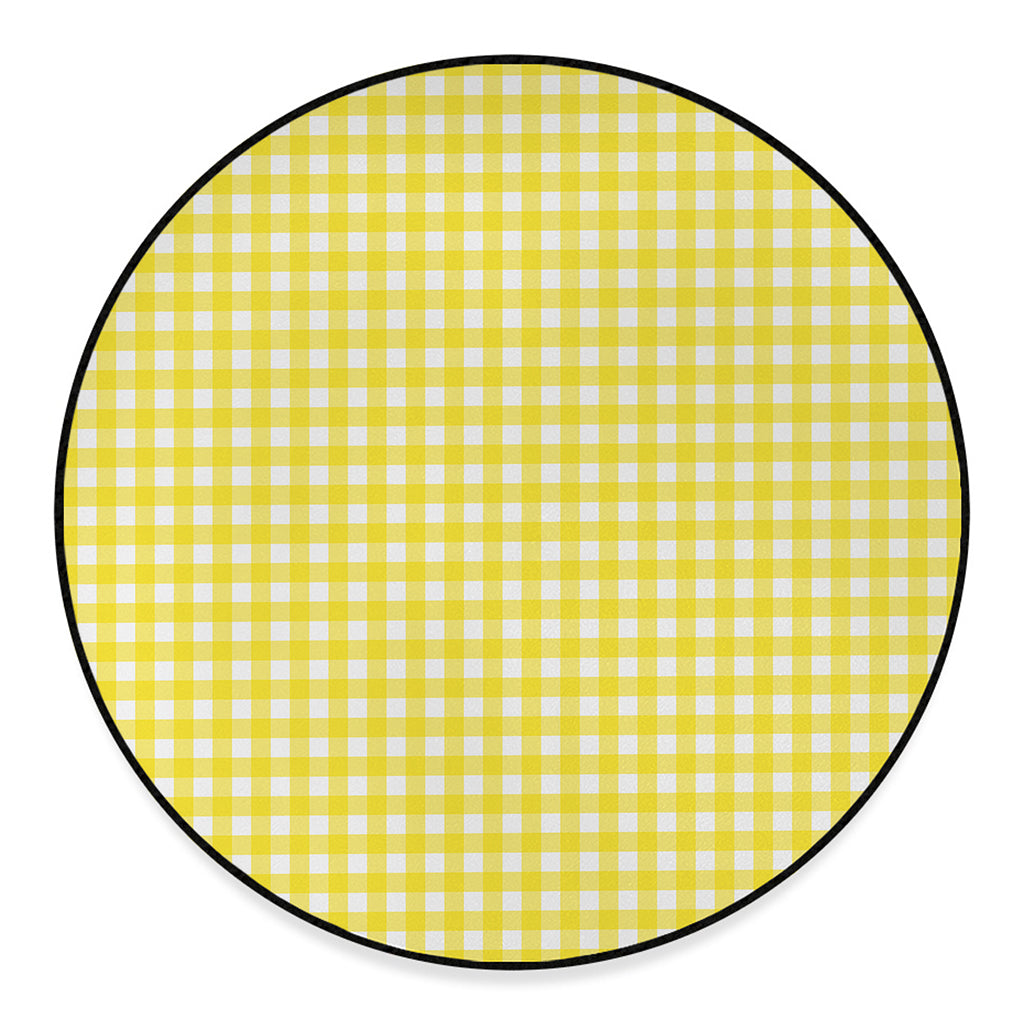 Yellow And White Check Pattern Print Round Floor Mat