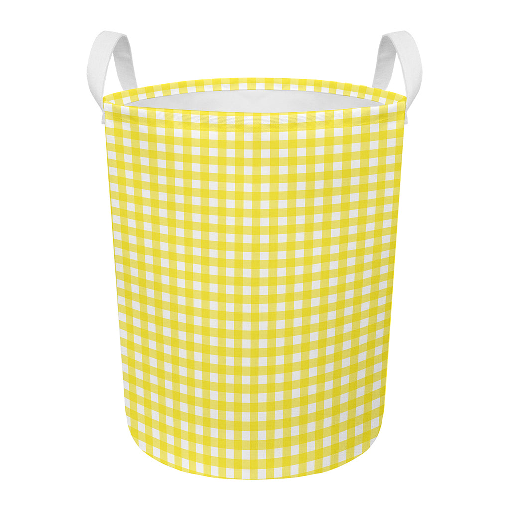 Yellow And White Check Pattern Print Round Laundry Basket