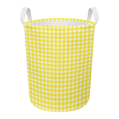 Yellow And White Check Pattern Print Round Laundry Basket