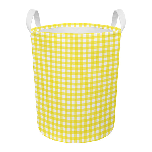 Yellow And White Check Pattern Print Round Laundry Basket