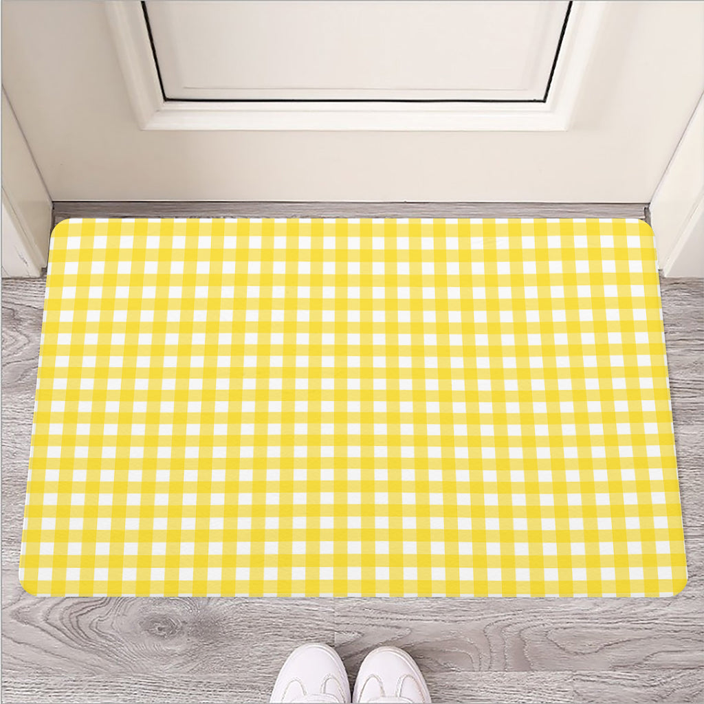 Yellow And White Check Pattern Print Rubber Doormat