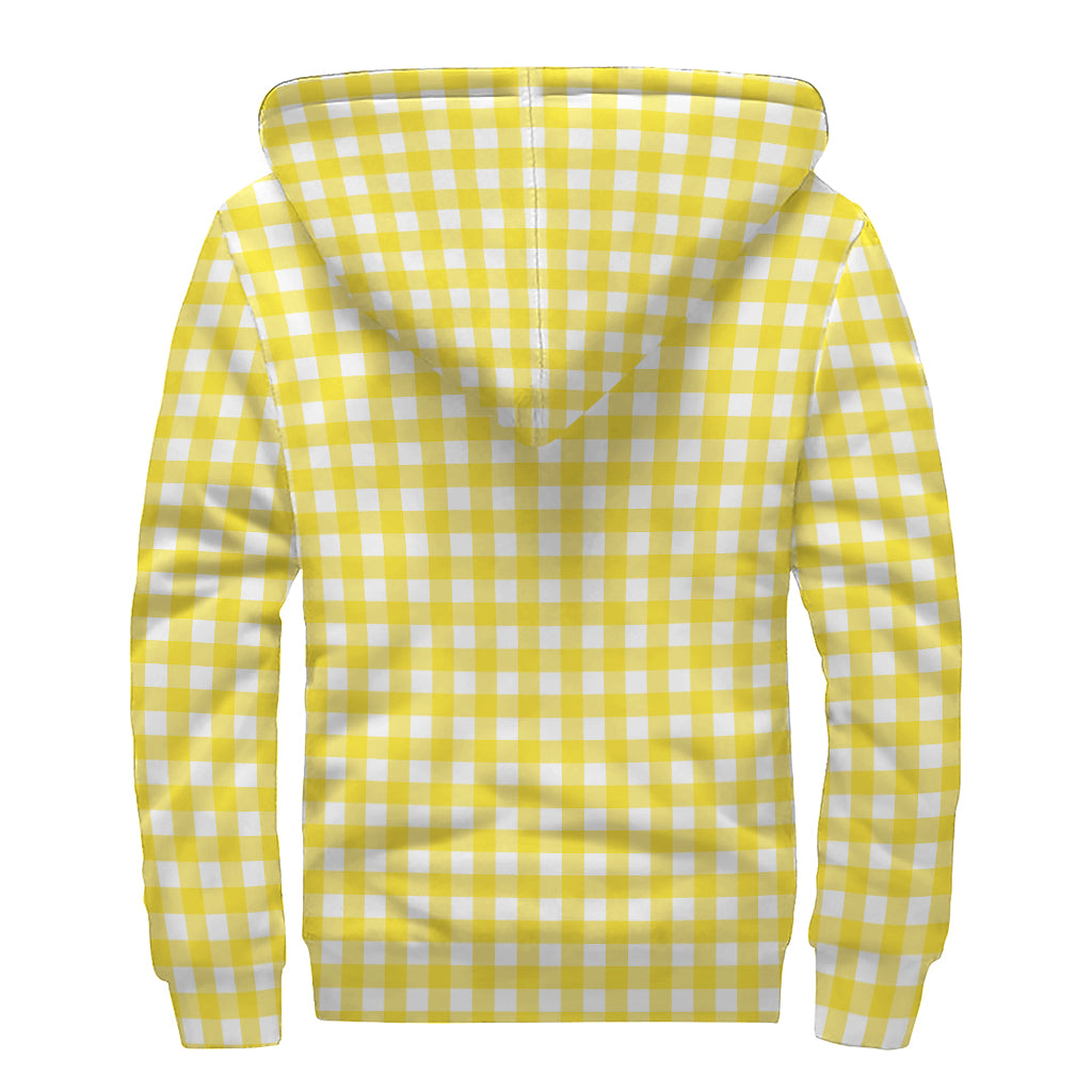 Yellow And White Check Pattern Print Sherpa Lined Zip Up Hoodie
