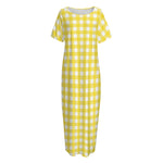 Yellow And White Check Pattern Print Short Sleeve Long Nightdress