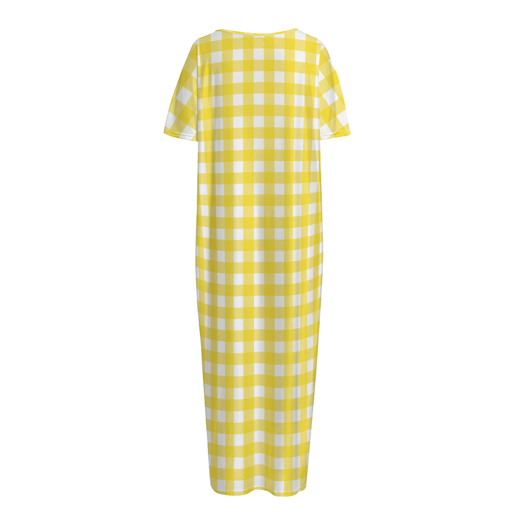 Yellow And White Check Pattern Print Short Sleeve Long Nightdress
