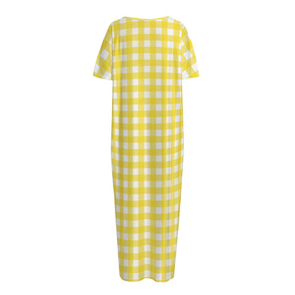 Yellow And White Check Pattern Print Short Sleeve Long Nightdress