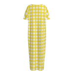 Yellow And White Check Pattern Print Short Sleeve Long Nightdress