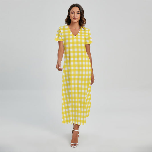 Yellow And White Check Pattern Print Short Sleeve Maxi Dress