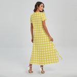 Yellow And White Check Pattern Print Short Sleeve Maxi Dress