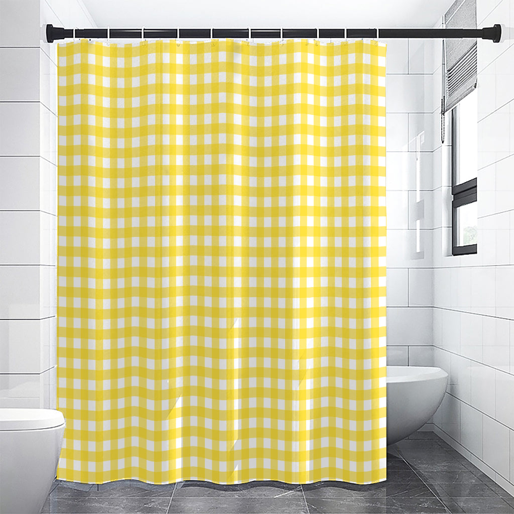 Yellow And White Check Pattern Print Shower Curtain