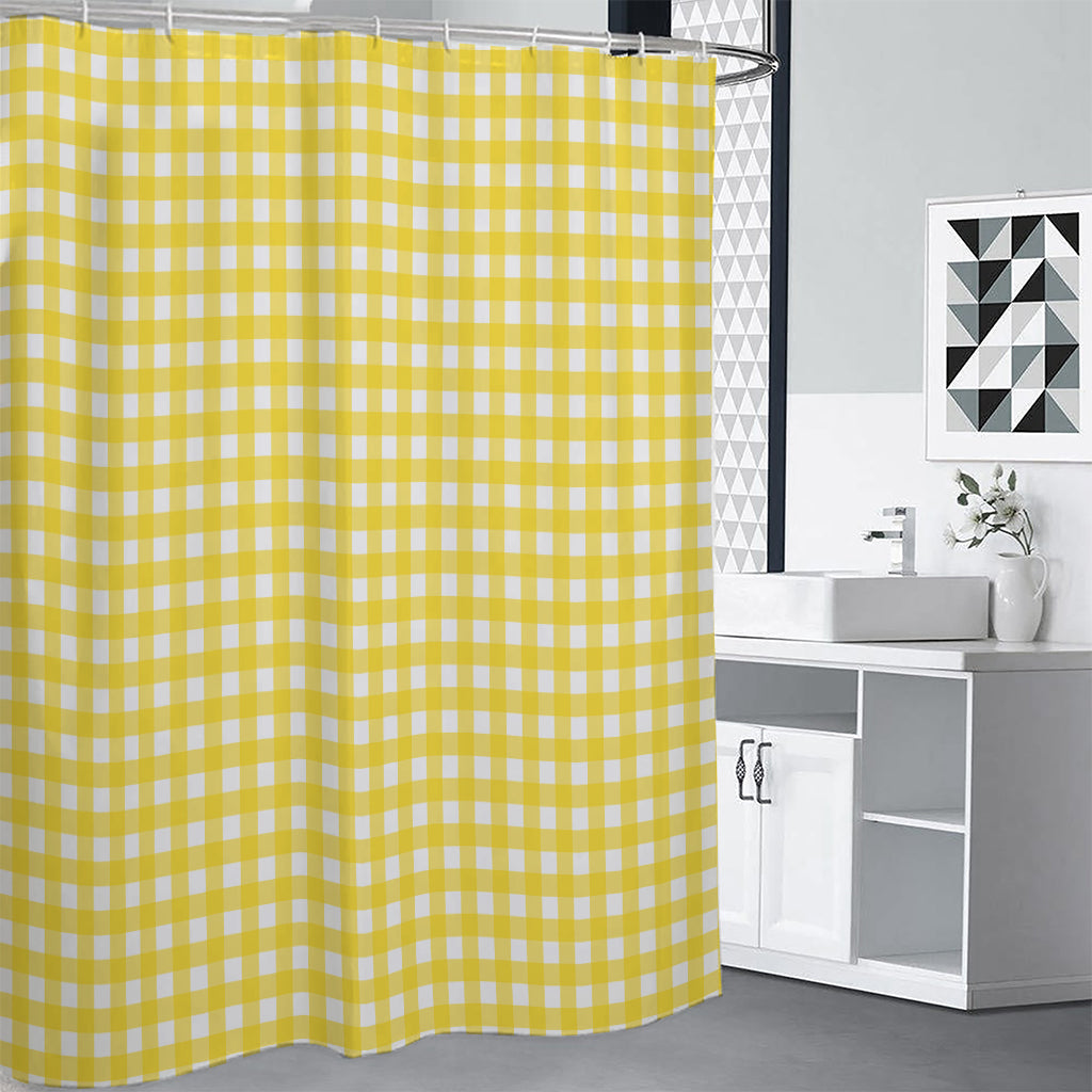Yellow And White Check Pattern Print Shower Curtain
